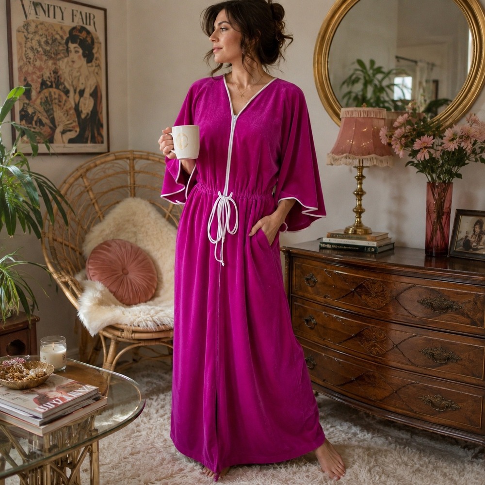 Vintage Magenta Velour Caftan Robe Zipper Front Drawstring Long Loungewear Dress